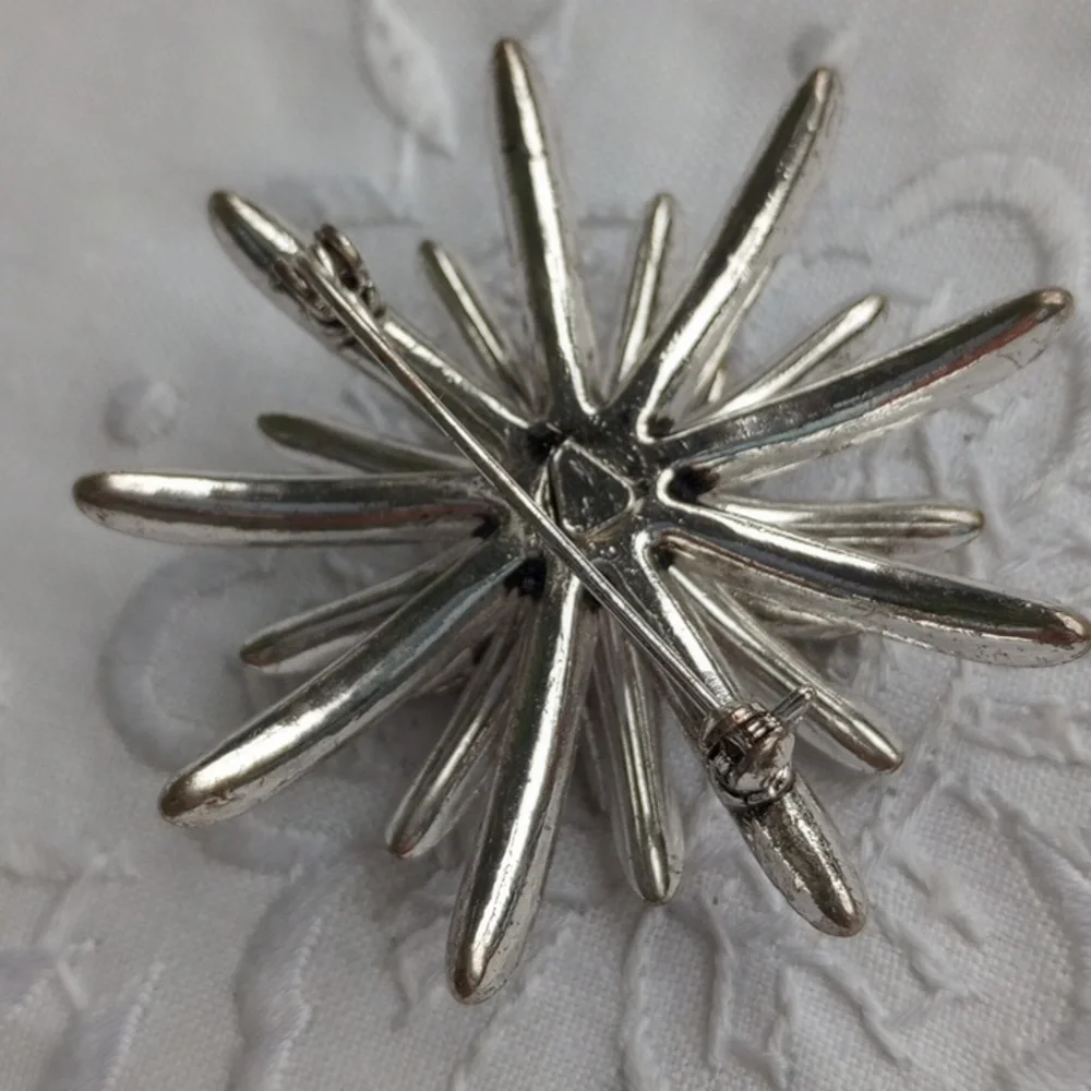 Vintage Flower Starburst atomic cosmo AB Rhinestone Brooch Silver Tone